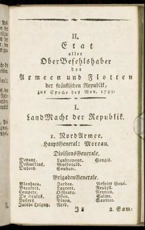 II. Etat aller OberBefehlshaber der Armeen und Flotten der fränkischen Republik,[...]