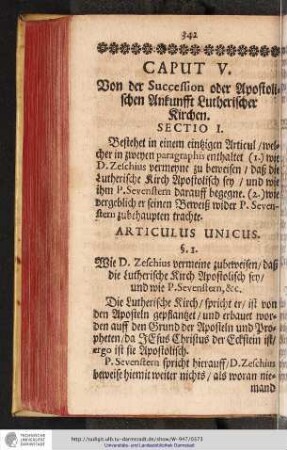 CAPUT V. Von der Succession oder Apostolischen Ankunfft Lutherischer Kirchen.