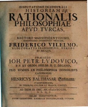 Diss. inaug. historiam rationalis philosophiae apud Turcas continens