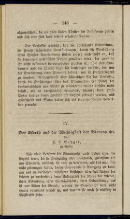 IV. Der Werth und die Wichtigkeit der Bienenzucht