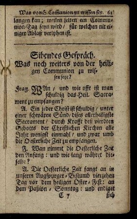 Sibendes Gespräch. Was noch weiters von der heiligen Communion zu wissen seye?