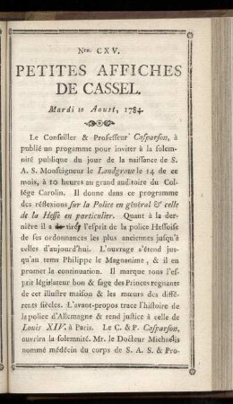 No CXV (Mardi 10 Aoust 1784)