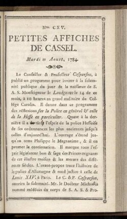 No CXV (Mardi 10 Aoust 1784)