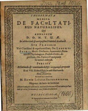 Theoremata Medica De Facultatibus Naturalibus