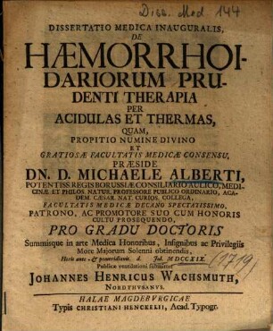 Dissertatio Medica Inauguralis, De Haemorrhoidariorum Prudenti Therapia Per Acidulas Et Thermas