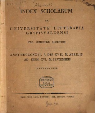 Index scholarum in Universitate Litteraria Gryphiswaldensi ... habendarum. SoSe 1826