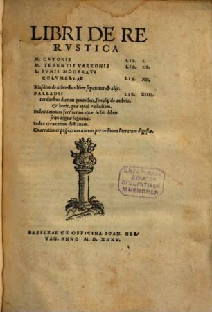 Libri de re rustica Catonis, Varronis, Columellae, Palladii