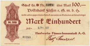 Geldschein / Notgeld, 100 Mark, 6.10.1922