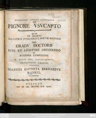 Dissertatio Ivridica Inavgvralis De Pignore Vsvcapto