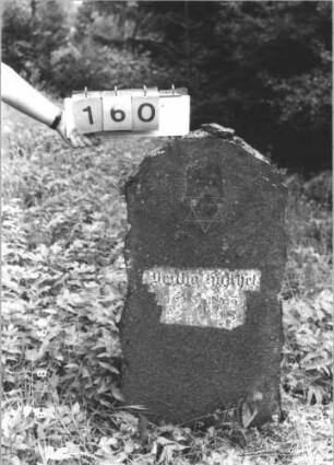 Grabstein 160 (Index: 99800183) Material: Granit Zustand: gut Maße HxBxT: 107x45x12 cm Beschreibung: Stele, grob behauen, Vorderseite poliert Symbolik: Davidstern: Grabstein 160