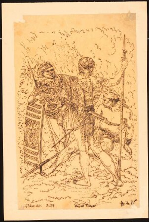 Tätowierte Dayakkrieger auf Borneo: Drei Männer mit Schilden und Speeren (Durchzeichnung nach Globus, 1871, S. 258)