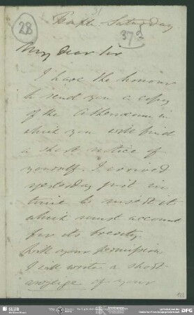 Eigenh. Brief von Abraham Hayward an August Wilhelm von Schlegel, London, ohne Datumsangabe