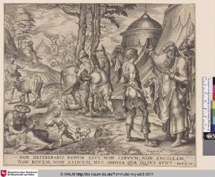[Du sollst nicht begehren deines Nächsten Haus, noch seine Diener, noch seinen Ochsen, noch seinen Esel / Jakob handelt mit Laban um seinen Anteil an der Herde; Thou shalt not covet thy neighbour's house, nor his servants, nor his ox, nor his ass / Jacob bargaining with Laban on his share of the herd]