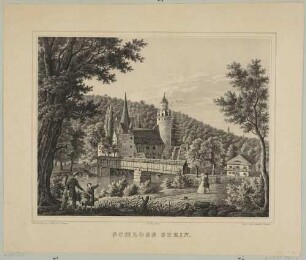 Das Schloss (Burg) Stein (Hartenstein-Stein) südöstlich von Zwickau am Ufer der Zwickauer Mulde mit der überdachten Brücke von Südwesten