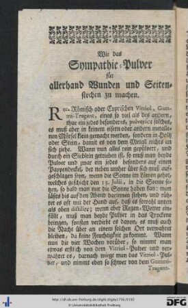 Wie das Sympathie-Pulver für allerhand Wunden und Seitenstechen zu machen.