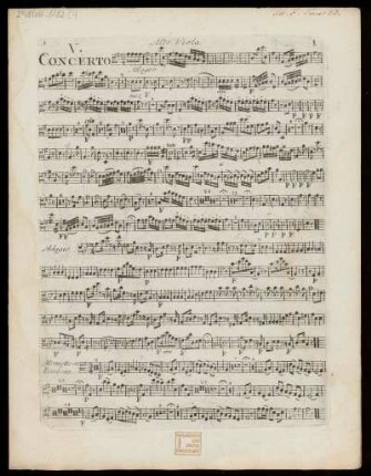 Deux concertos à violon principale, premier et second violons, alto et basse, hautbois et cors. Alto viola : opera V
