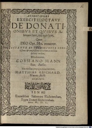 Adsertiones exercitii VIII. de donationibus