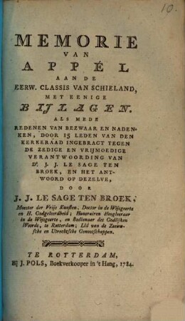 Memorie van appél aan de eerw. classis van Schieland