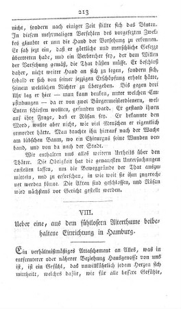 VIII. Ueber eine, aus dem fühllosern Alterthume beibehaltene Einrichtung in Hamburg.
