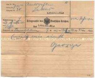 Telegramm an seine Frau Else Lucas von der parlamentarischen Studienreise nach Ostasien des Reichstagsabgeordneten Dr. Georg Lucas
