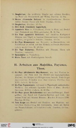 II. Arbeiten aus Majolika, Fayence, Thon (Nr. 61-149)