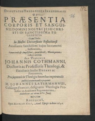 Disputatio Theologica Inauguralis De Praesentia Corporis Et Sanguinis Domini Nostri Jesu Christi In Sanctissima Eucharistia
