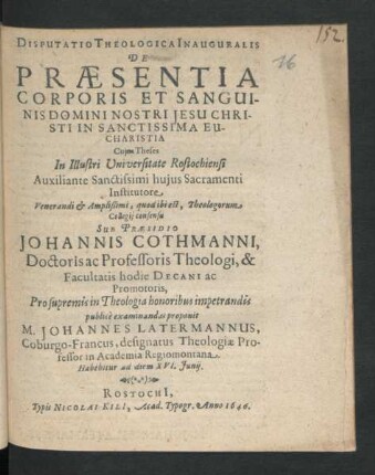 Disputatio Theologica Inauguralis De Praesentia Corporis Et Sanguinis Domini Nostri Jesu Christi In Sanctissima Eucharistia