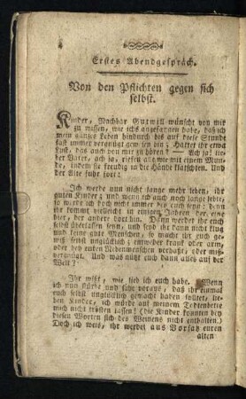 Erstes Abendgespräch: Von den Pflichten gegen sich selbst
