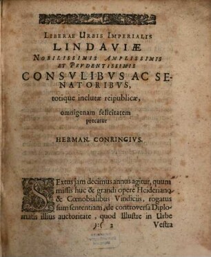 Hermanni Conringii Censura Diplomatis Quod Ludovico Imperatori fert acceptum Coenobium Lindaviense : Qua simul res Imperii & Regni Francorum Ecclesiasticae ac Civiles, seculi cumprimis Carolovingici, illustrantur