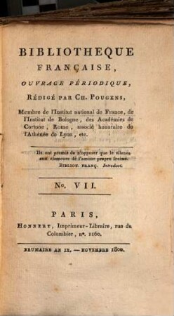 Bibliothèque française : ouvrage périodique. 1. 1800, 7 = Nov.