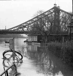 Dresden-Loschwitz. Elbehochwasser Frühjahr 1988. Einmündung Friedrich-Wieck-Straße. Blick gegen Loschwitzer Brücke (Blaues Wunder)