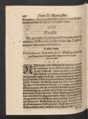 XVII. Bericht/ Wie zur zeit der Thewrung und Hungersnoth/ ...