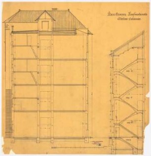 Atelier- und Wohngebäude Leonard Simion, Berlin: Ateliergebäude: Querschnitt und Schnitt durchs Treppenhaus 1:50