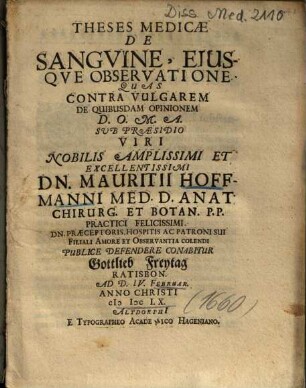 Theses Medicae De Sangvine, Eiusqve Observatione