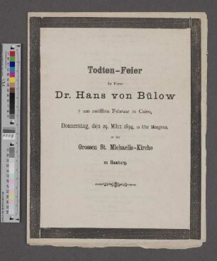 Programm der Totenfeier für Hans von Bülow in St. Michaelis Hamburg