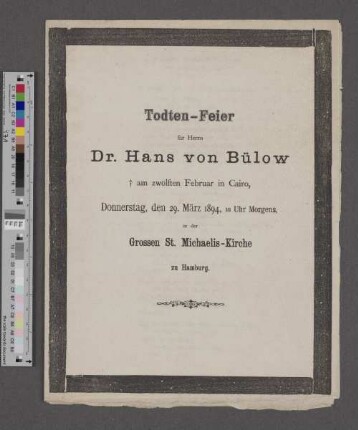 Programm der Totenfeier für Hans von Bülow in St. Michaelis Hamburg