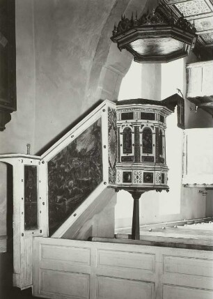 Sebnitz. Evangelisch-lutherische Peter-Pauls-Kirche. Kanzel, Ende 16. Jahrhundert, Aufnahme Möbius 1953