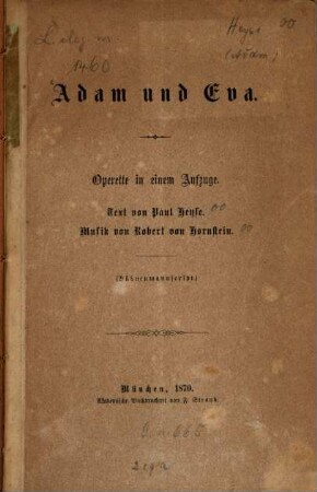 Adam und Eva : Operette in einem Aufzuge