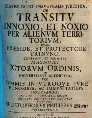 Dissertatio inauguralis iuridica de transitu innoxio et noxio per alienum territorium