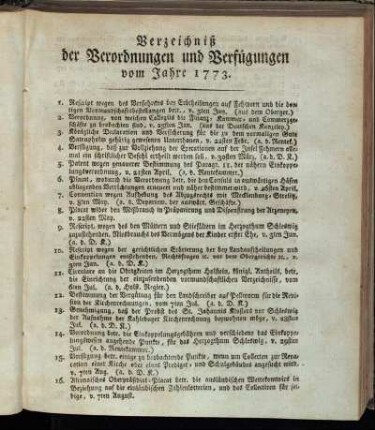Verzeichniß der Verordnungen und Verfügungen vom Jahre 1773.