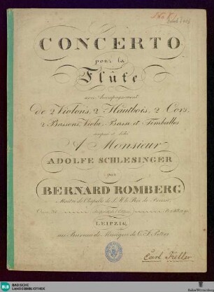 Concerto pour la flûte : avec accompagnement de 2 violons, 2 hautbois, 2 cors, 2 bassons, viola, basse et timballes; oeuv. 30