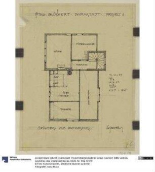 Darmstadt, Projekt Stallgebäude für Julius Glückert, dritte Version, Grundriss des Obergeschosses