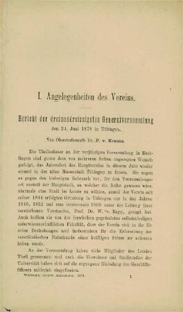 Bericht der dreiunddreissigsten Generalversammlung den 24. juni 1878 in Tübingen