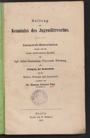 Beitrag zur Kenntniss des Jugendirreseins
