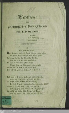 Tafellieder zum gesellschaftlichen Boule-Schmause den 4. März 1850