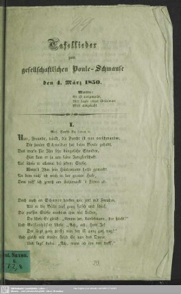Tafellieder zum gesellschaftlichen Boule-Schmause den 4. März 1850