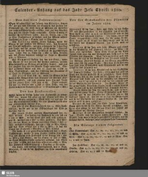 Calender-Anhang auf das Jahr Jesu Christi 1820