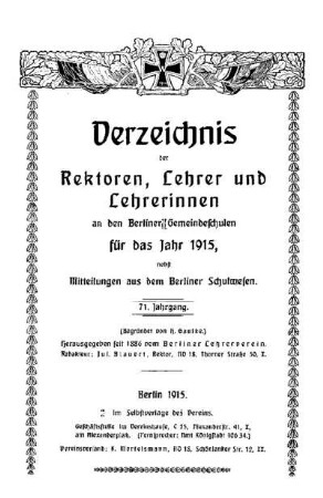 71: Verzeichnis der Rektoren, Lehrer und Lehrerinnen an den Berliner Gemeindeschulen - 71.1915