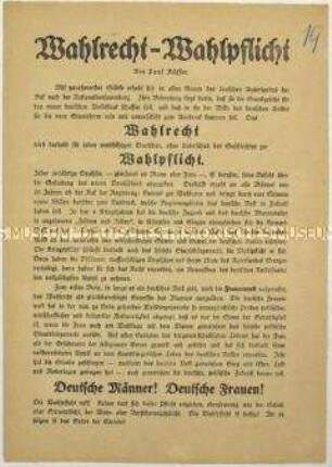 Aufruf zur Wahrnehmung des Wahlrechts für die Wahl zur Nationalversammlung 1919