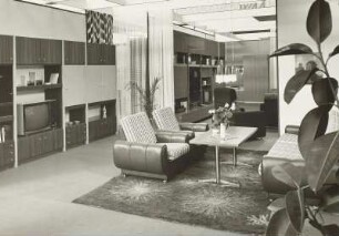Sitzgruppe : Ausstellungskojen mit Wohnzimmermöbeln (1975; VEB Möbelkombinat Zeulenroda-Triebes (ZEUTRIE)). Anbauwände; und Sitzgruppen